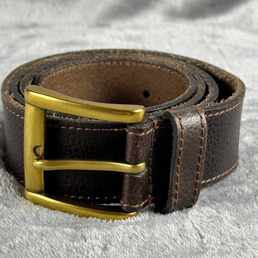 Mens Dark Brown Genuine Pebbled Leather Belt Brass Buckle Size Large 1403